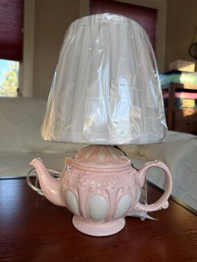 Karma Home Pink & White Tea Party Teapot Lamp with Shade